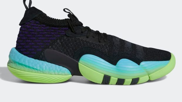 Multi-color Adidas Trae Young shoes.